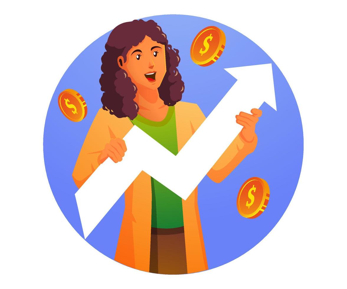 a woman holding a business chart and dollar coins vector