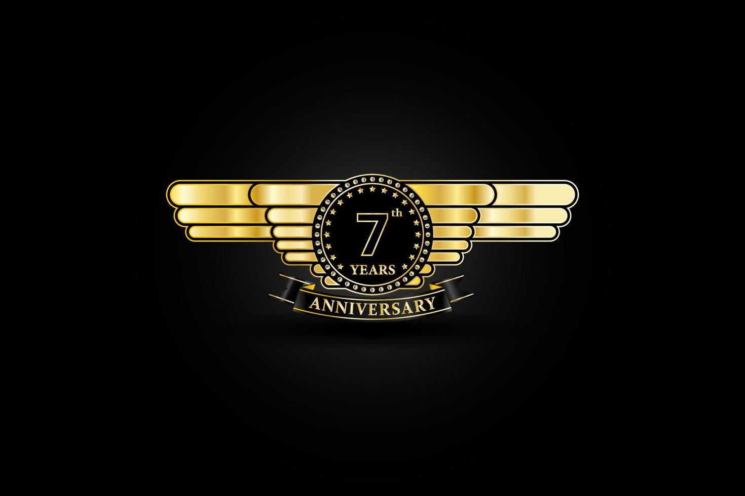 7th anniversary golden gold logo with gold wing and ribbon isolated on black background, vector design for celebration.