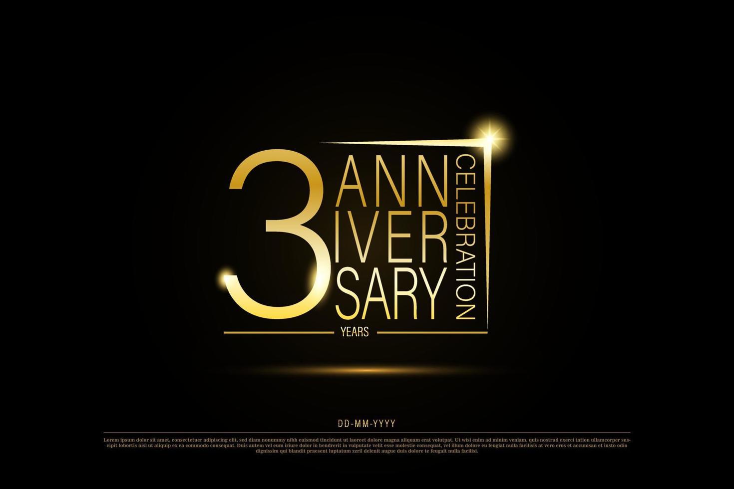 3 years anniversary golden gold logo on black background, vector design for celebration.