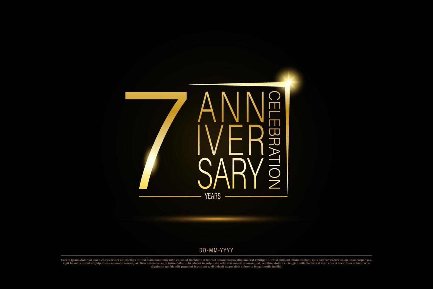 7 years anniversary golden gold logo on black background, vector design for celebration.