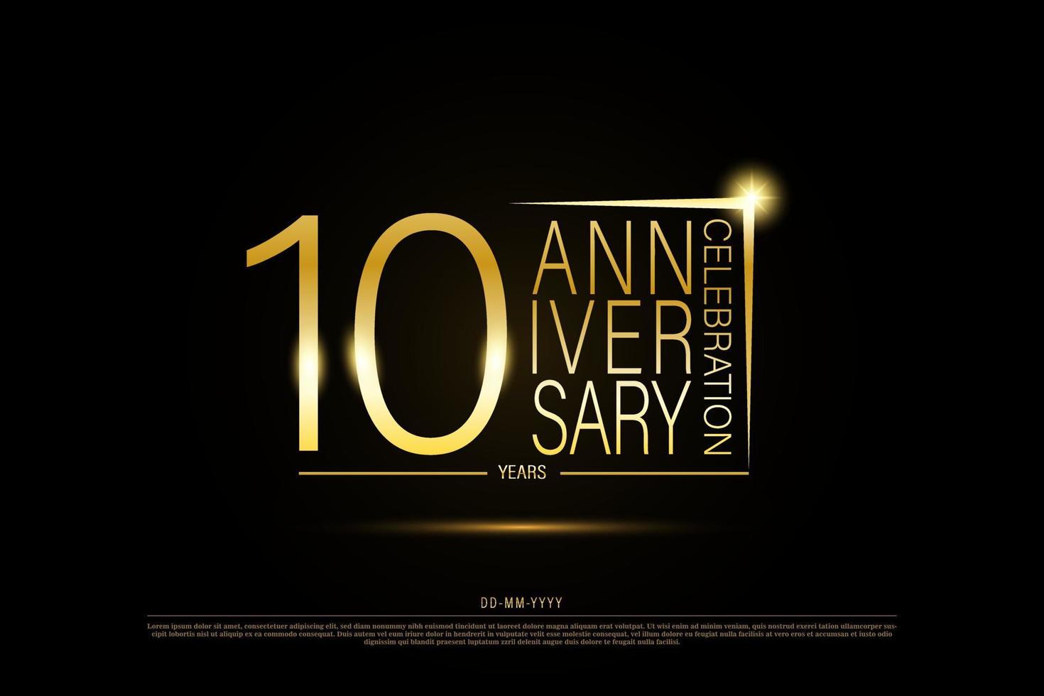 10 years anniversary golden gold logo on black background, vector design for celebration.