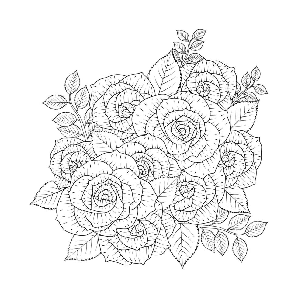 página para colorear de adultos de flor rosa negra con ramo decorativo de rosa salvaje dibujo a lápiz vector