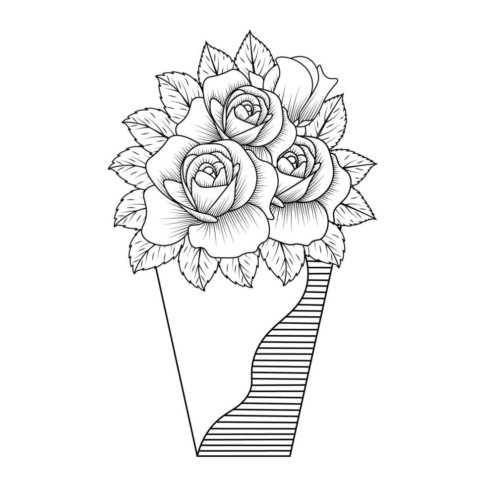 rose flower vase of coloring page element with graphic illustration pencil line art design vector