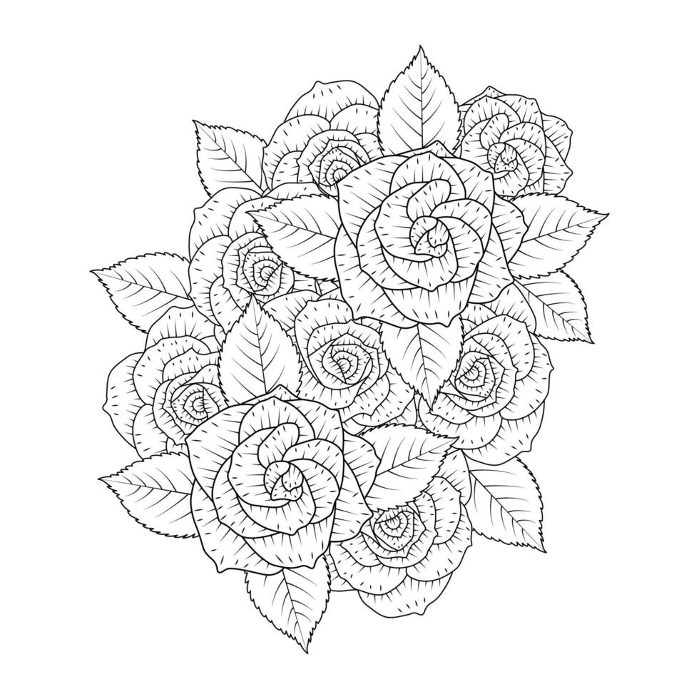 black rose flower adult coloring page with wild rose decorative bouquet pencil sketch drawing vector