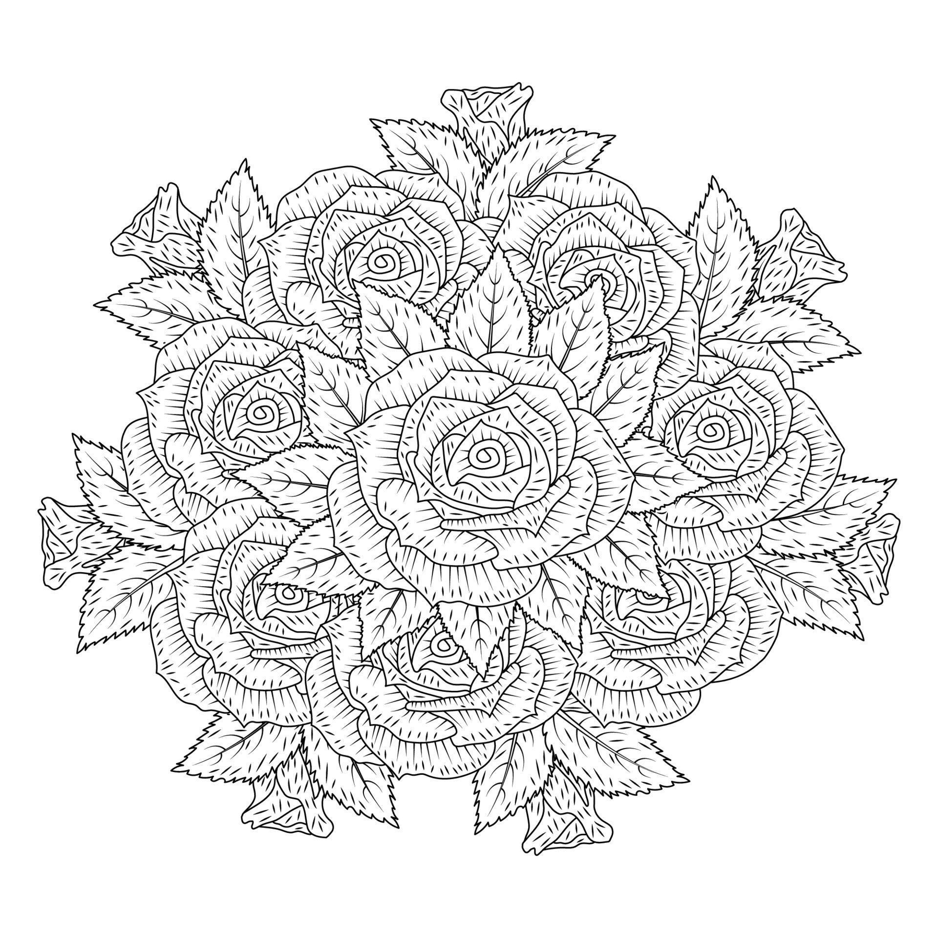 black rose flower adult coloring page with wild rose decorative bouquet