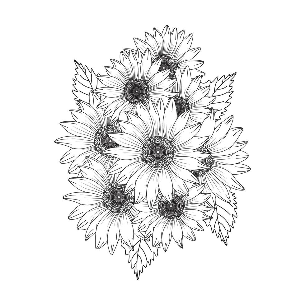 diseño de flor de margarita en gráfico vectorial de arte lineal detallado y página de coloración de flores hermosas vector