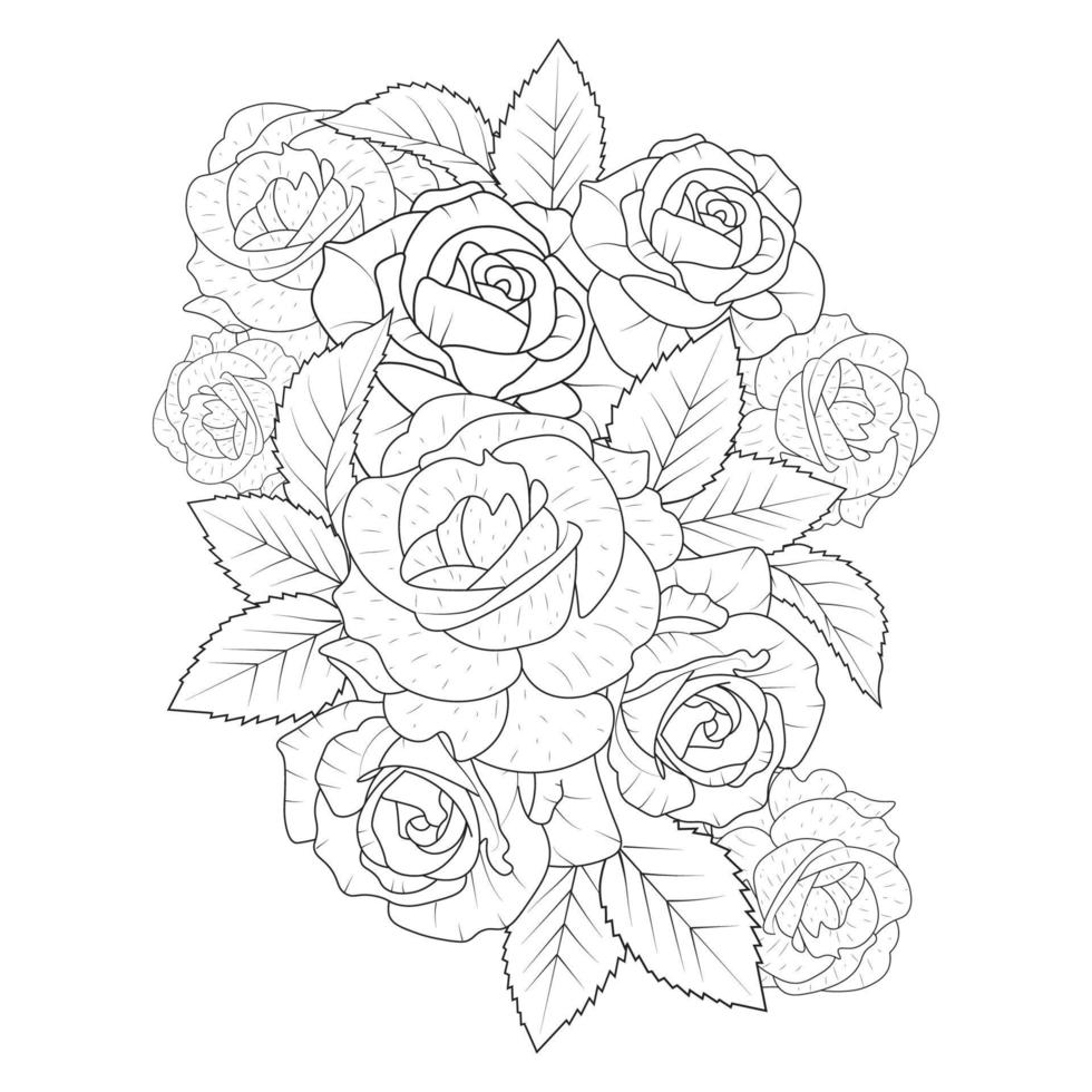 adult coloring book page of pink rose illustration with leaves and pencil sketch drawing vector