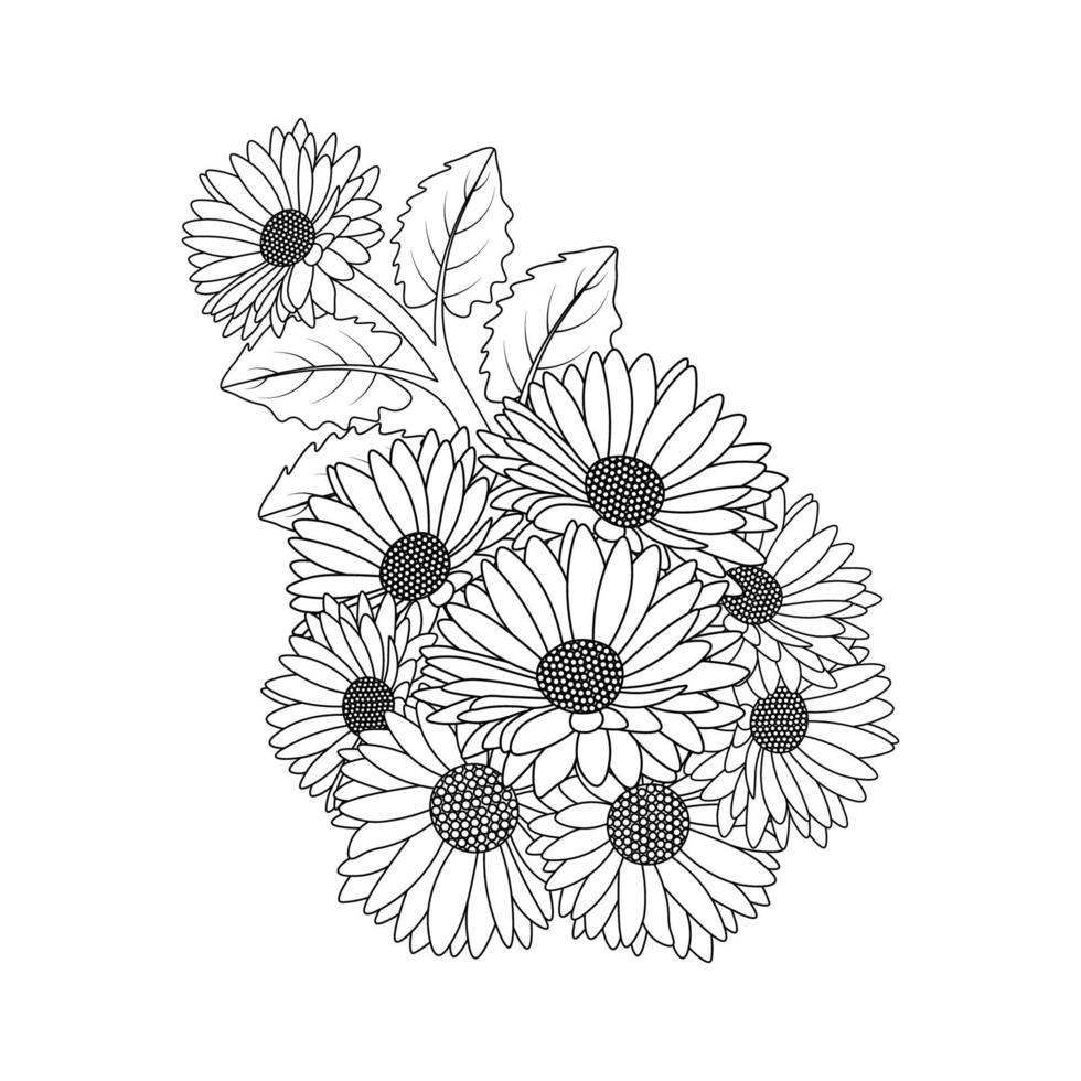 diseño de flor de margarita en gráfico vectorial de arte lineal detallado y página de coloración de flores hermosas vector