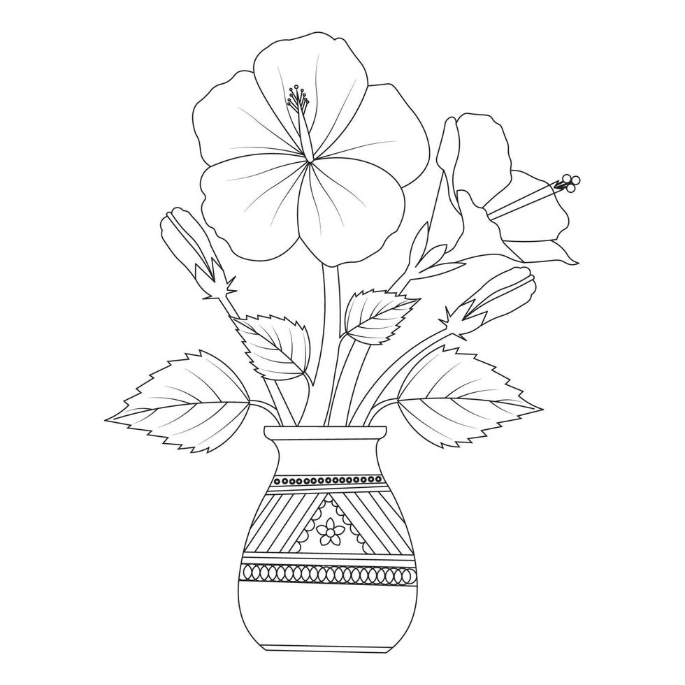 hibiscus flower with vase coloring page illustration with line art stroke of black and white hand drawn vector