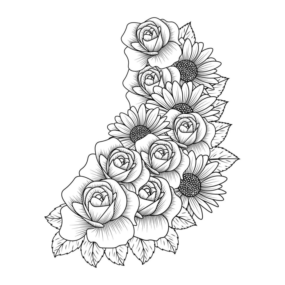 rose flower vase of coloring page element with graphic illustration pencil line art design vector