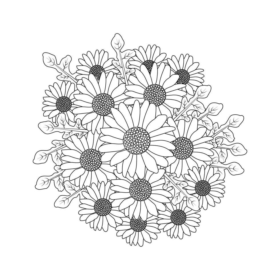 daisy flower adult coloring book page design of black line drawing beautiful daisy flower bouquet vector