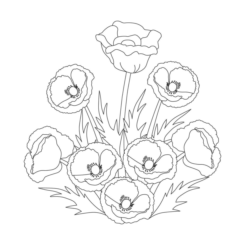 poppy flower doodle art design of coloring page with detailed line art vector graphic
