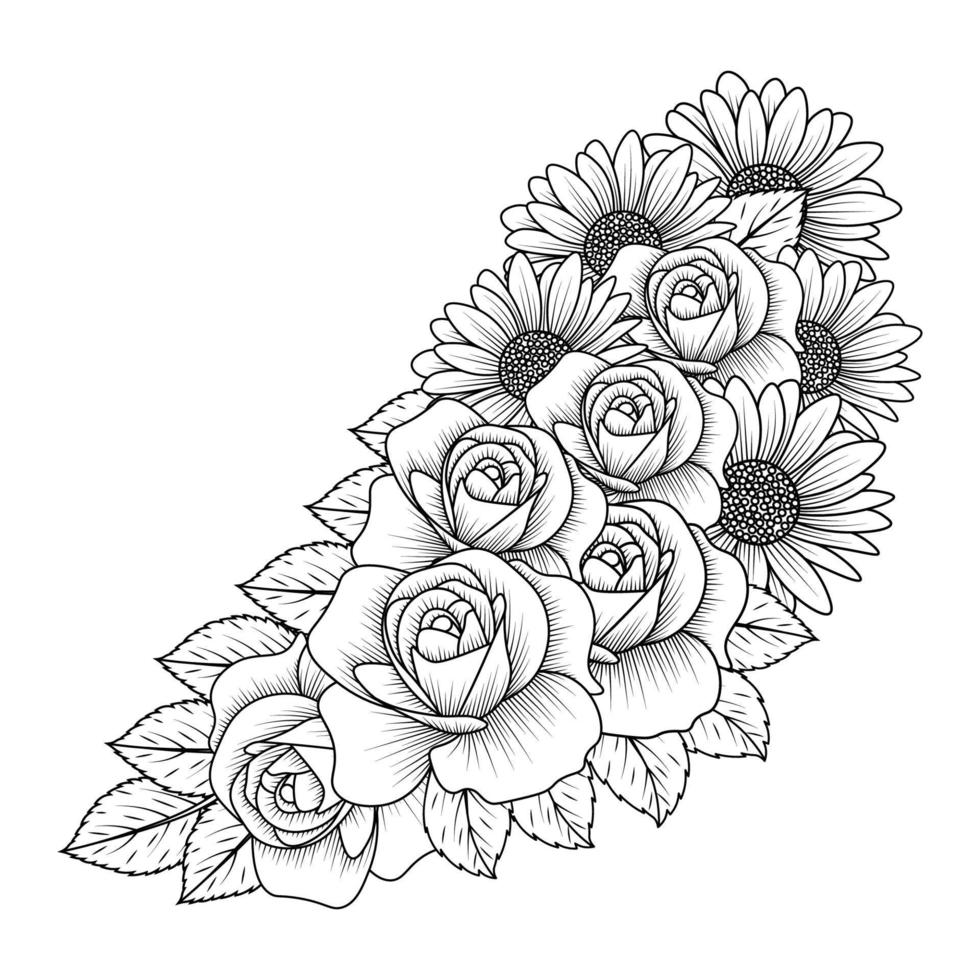 rose flower vase of coloring page element with graphic illustration pencil line art design vector