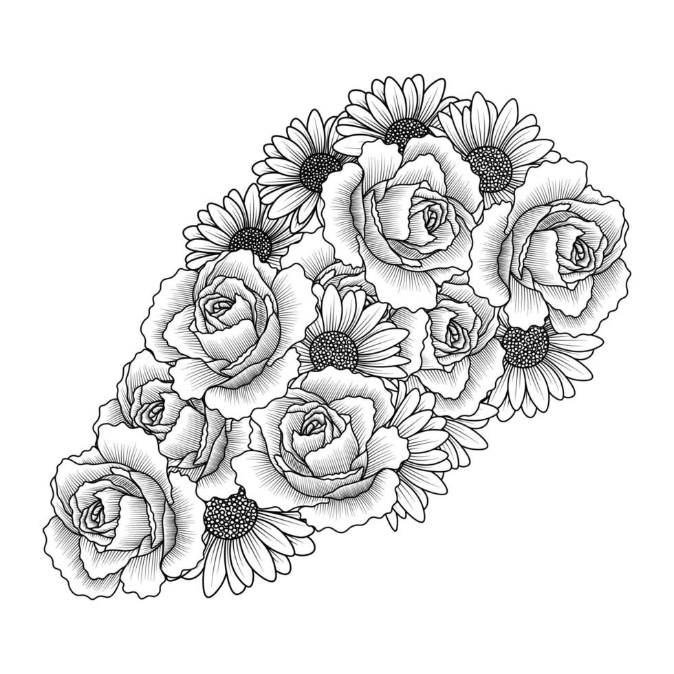daisy flower and rose flower adult coloring book page design of vector clip art