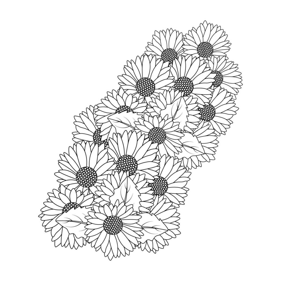 diseño de flor de margarita en gráfico vectorial de arte lineal detallado y página de coloración de flores hermosas vector