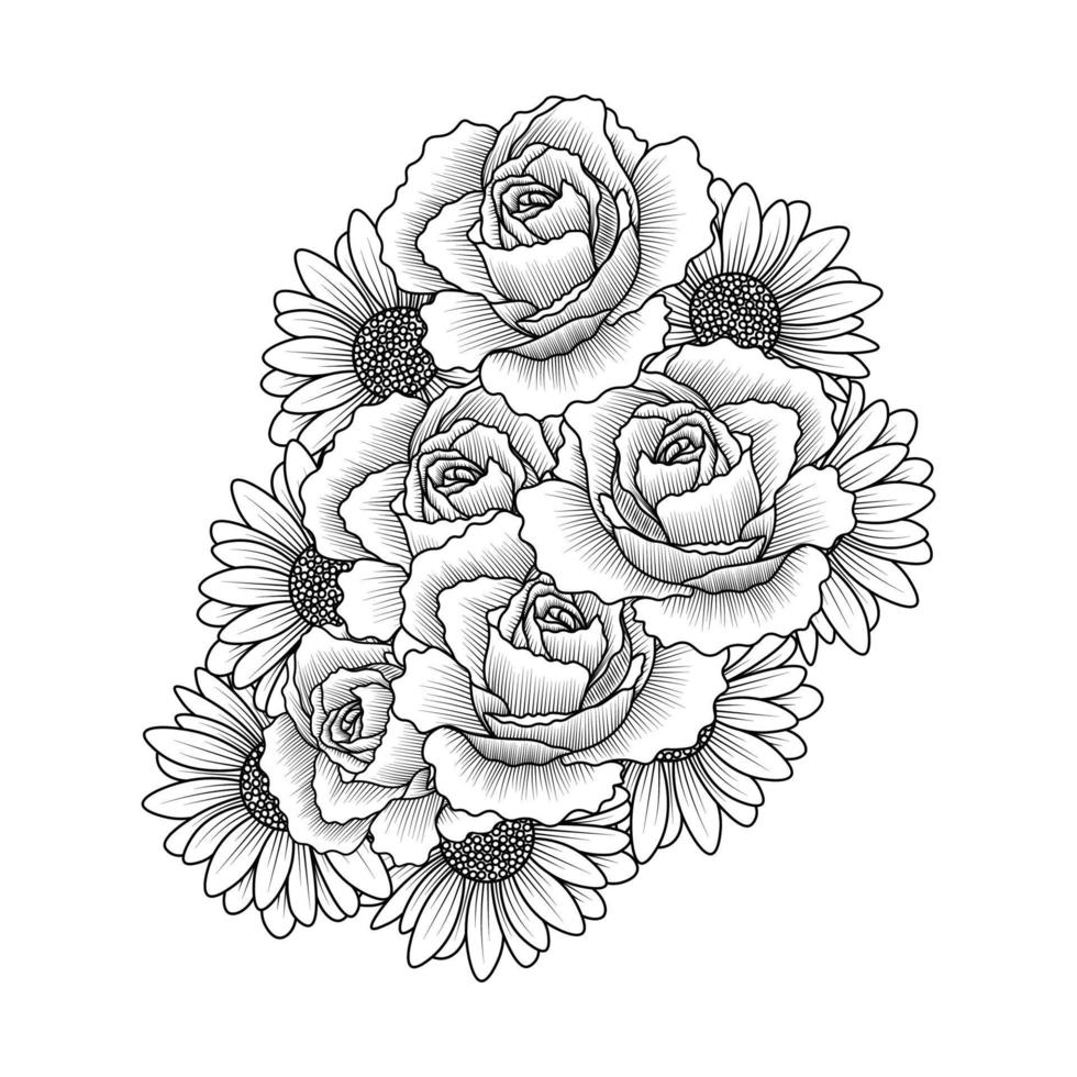 flor de margarita y flor de rosa diseño de página de libro para colorear para adultos de imágenes prediseñadas vectoriales vector