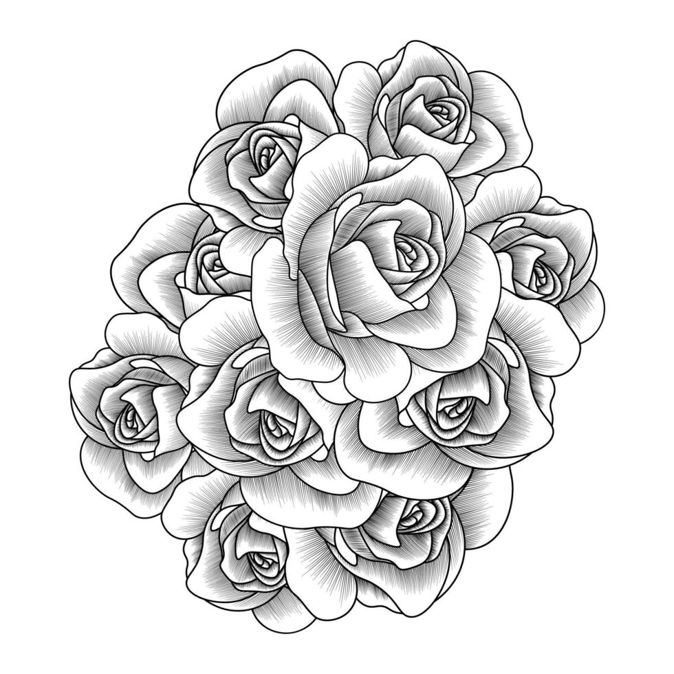 adult coloring book page of pink rose illustration with leaves and pencil sketch drawing vector