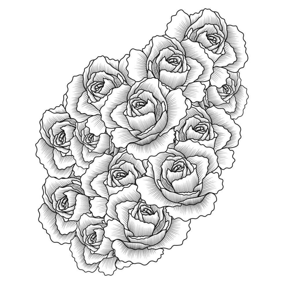 adult coloring book page of pink rose illustration with leaves and pencil sketch drawing vector