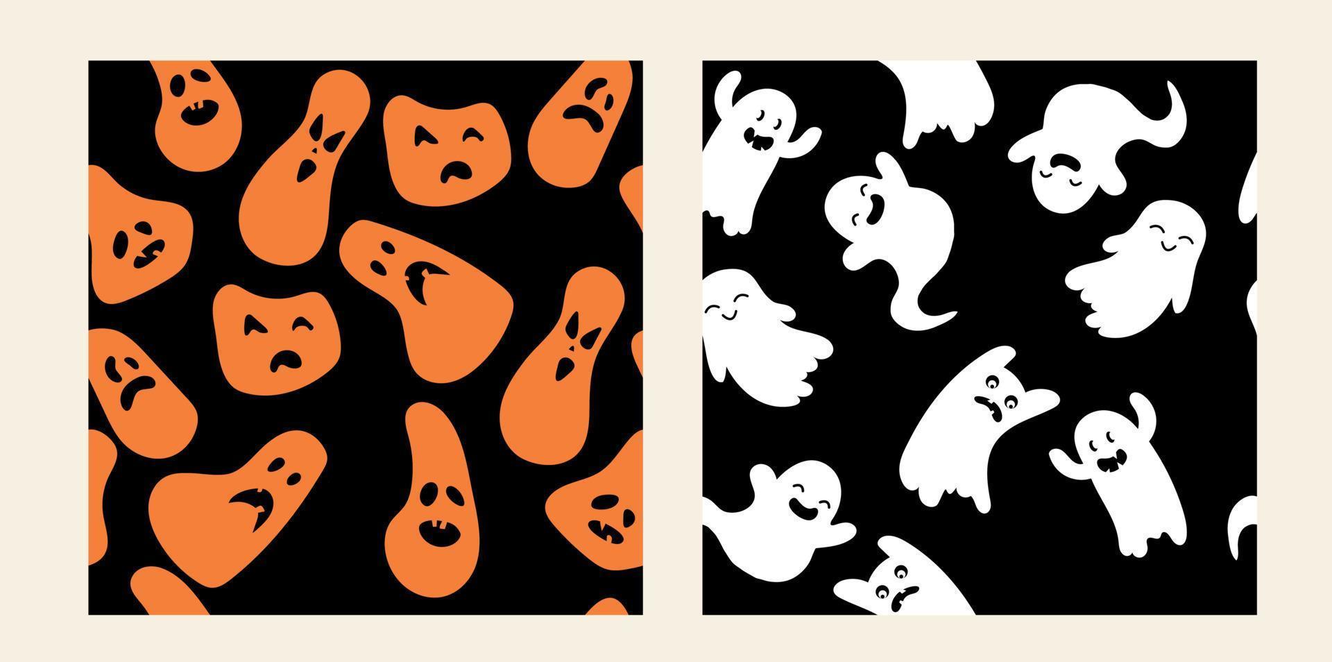 Cloth ghosts, orange Pumpkins.Halloween concept. Cute cartoon spooky characters. Holiday Silhouettes.Set hand drawn trendy Vector seamless patterns. Background, wallpaper. Vector illustration