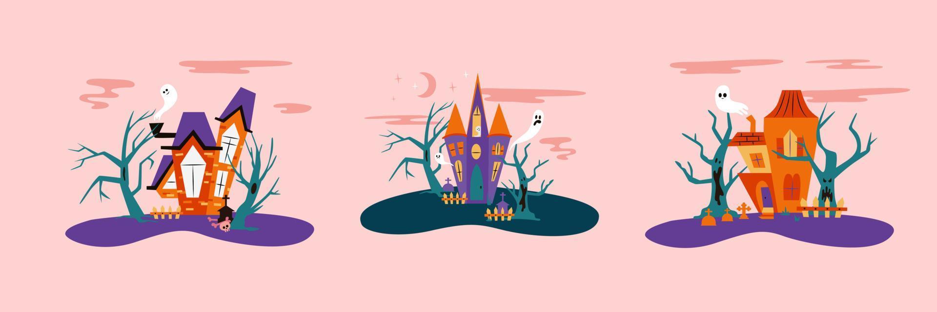Halloween hounted houses set vector illustration with spooky trees and ghosts. Collection of scary houses