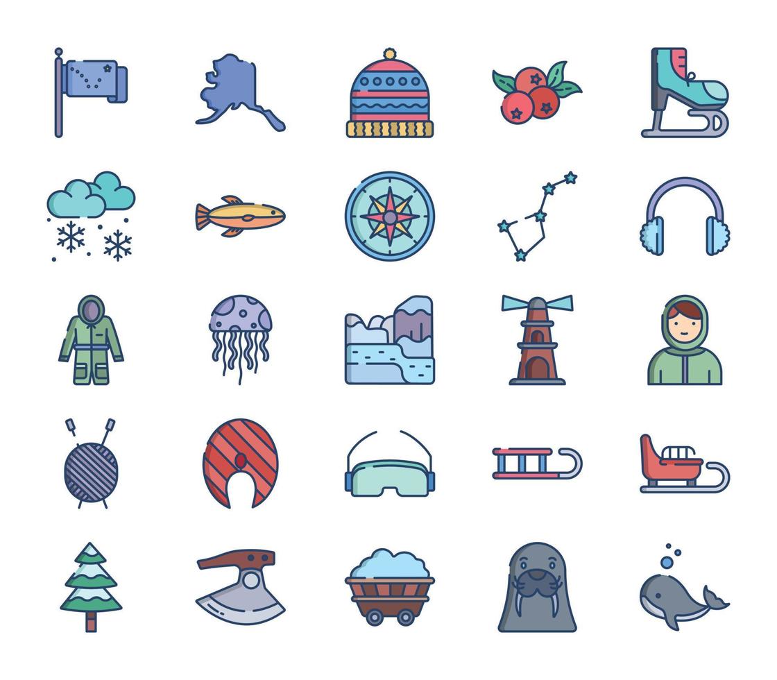 conjunto de iconos de viajes y aventuras de alaska vector