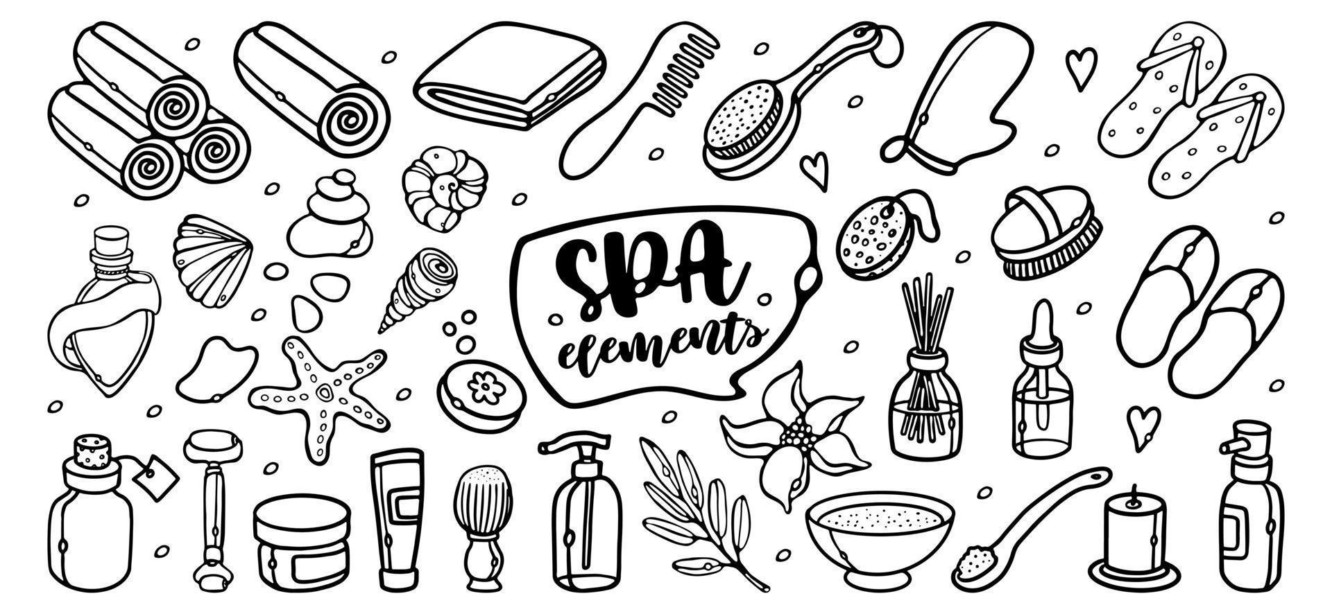 salón de belleza spa contorno doodle vector ilustración conjunto. artículos para el cuidado personal, masajes y relajación. colección de diseño de belleza aislado sobre fondo blanco