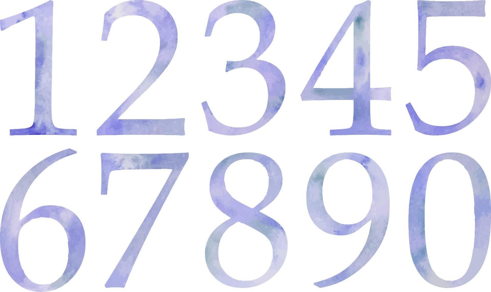 Set of hand painted watercolor numbers bright blue color isolated on white background. Hand painted watercolor numbers 0-9. vector