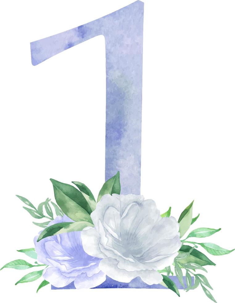 Watercolor blue floral number - digit 1 one with flowers bouquet composition. Number 1 with flowers and greenery vector