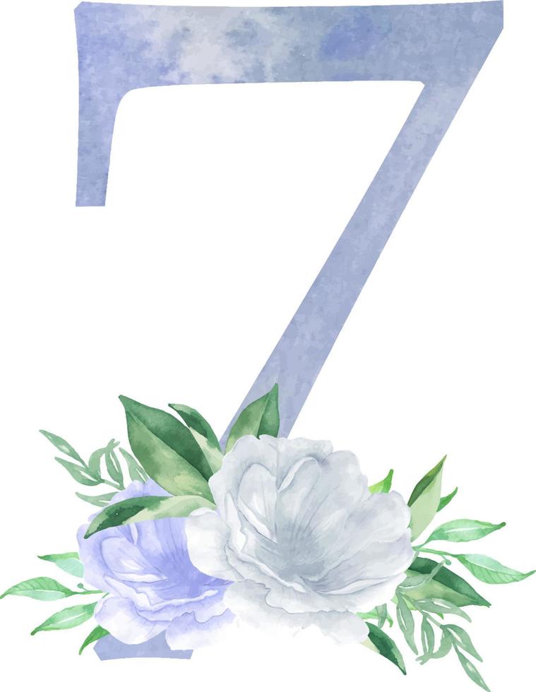 Watercolor blue floral number - digit 7 seven with flowers bouquet composition. Number 7 with flowers and greenery vector