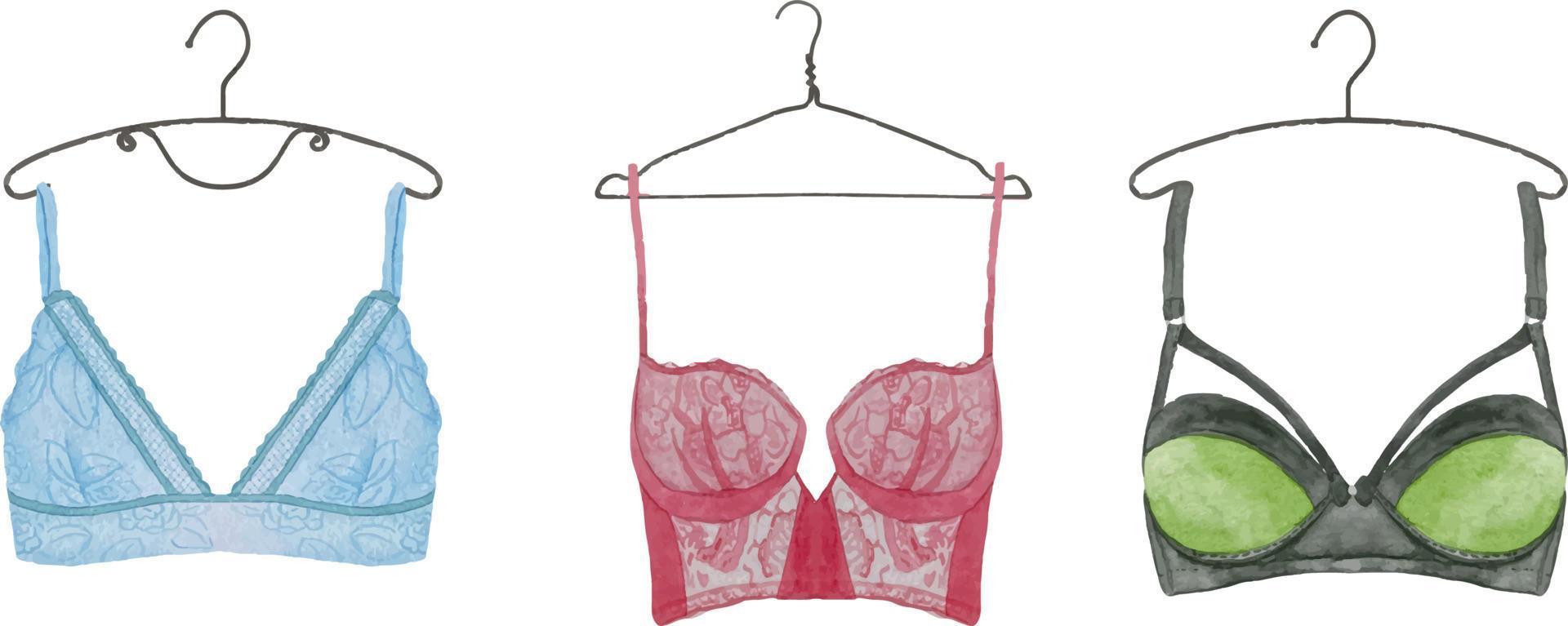 Watercolor colorful lace bra on white background, isolated watercolor illustration. vector