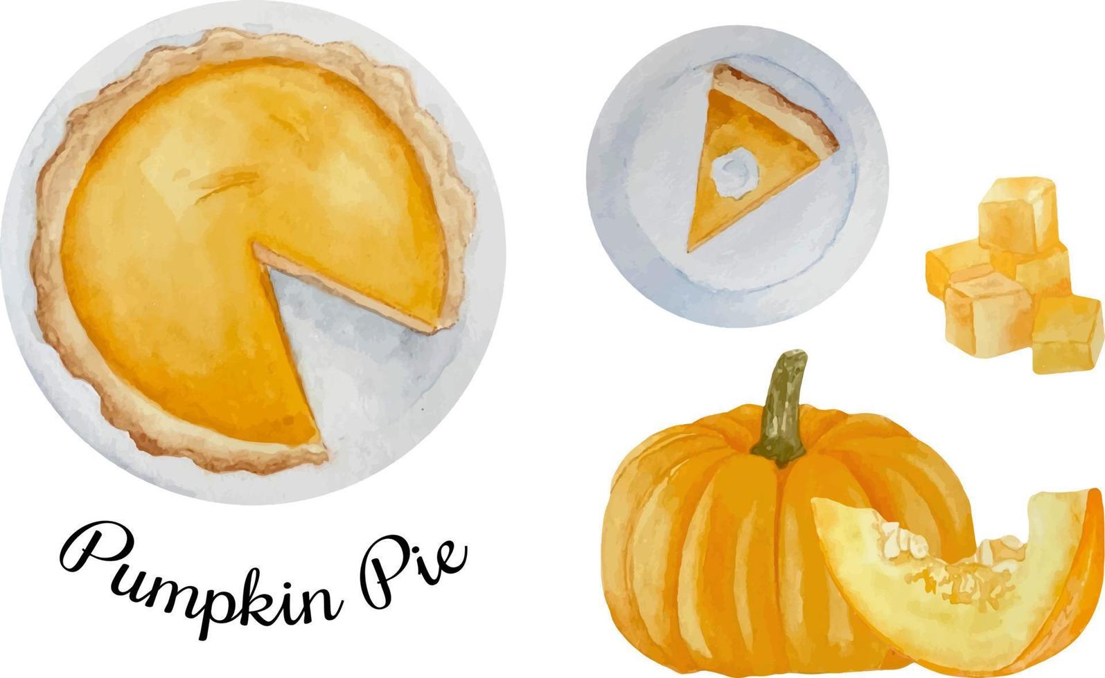 Watercolor thanksgiving pumpkin pie and piece with whipped cream. vector