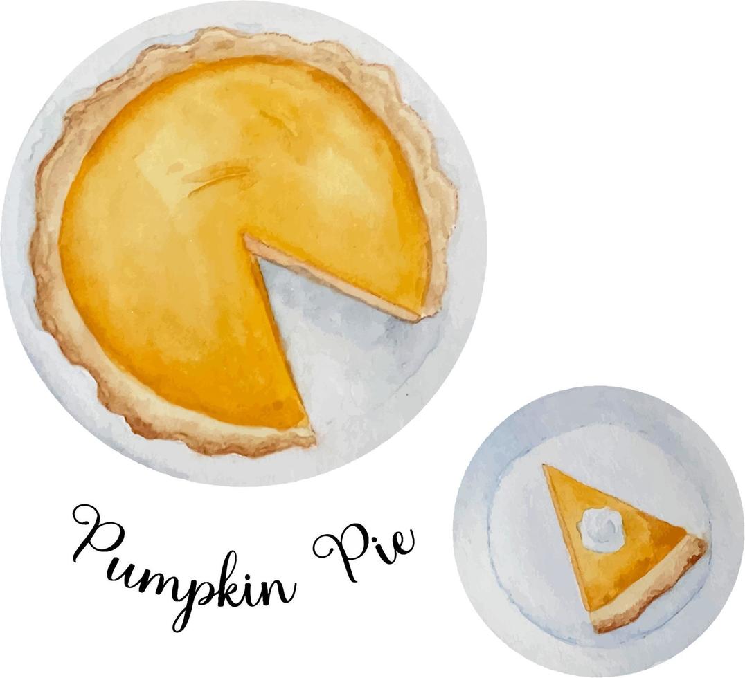 Watercolor thanksgiving pumpkin pie and piece with whipped cream. vector