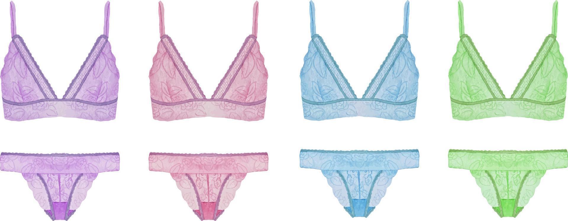 Watercolor set of colorful woman lingerie lace underwear illustration. Bridal shower party lingerie set clipart vector