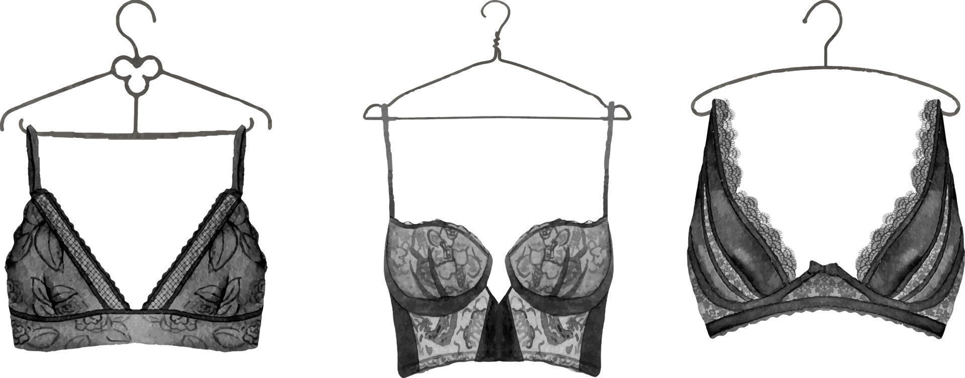 Watercolor black lace bras on hangers on white background, isolated watercolor illustration. Black bridal shower party lingerie set clipart vector