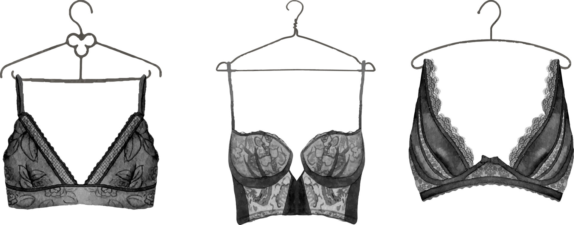 Watercolor black lace bras on hangers on white background, isolated  watercolor illustration. Black bridal shower party lingerie set clipart  12714908 Vector Art at Vecteezy