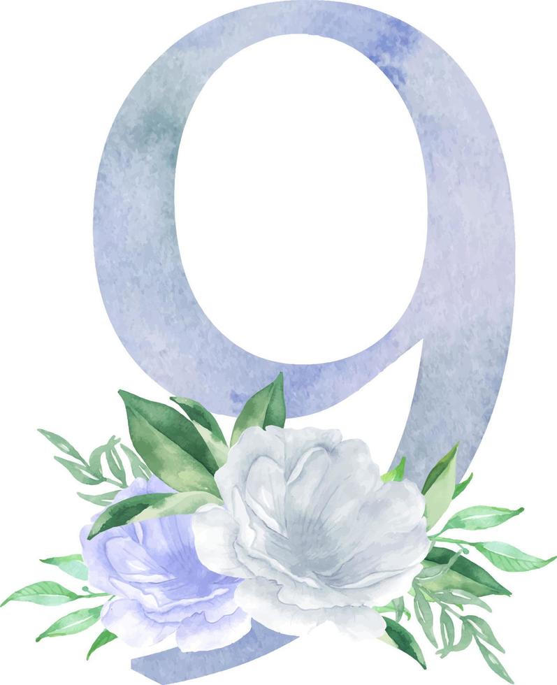 número floral azul acuarela - dígito 9 nueve con composición de ramo de flores. número 9 con flores y vegetación vector