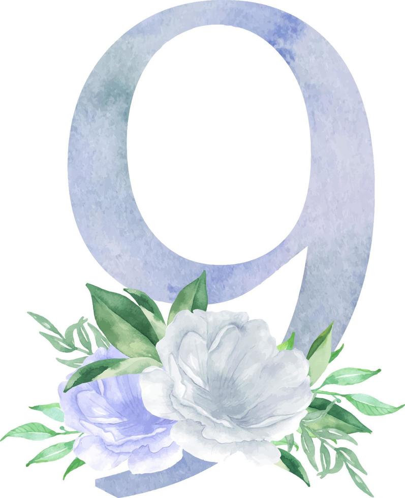 Watercolor blue floral number - digit 9 nine with flowers bouquet composition. Number 9 with flowers and greenery vector
