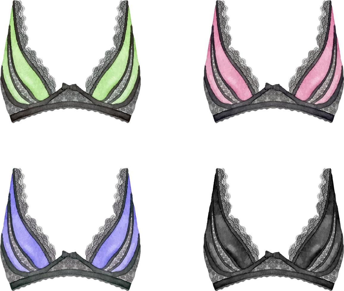 Watercolor colorful lace bra on white background, isolated watercolor illustration. vector