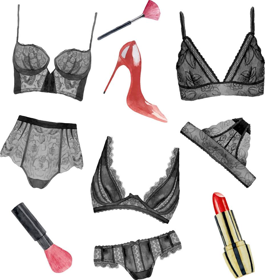 Watercolor set of black woman lingerie lace underwear illustration. Black  and red bridal shower party lingerie set clipart 12714915 Vector Art at  Vecteezy