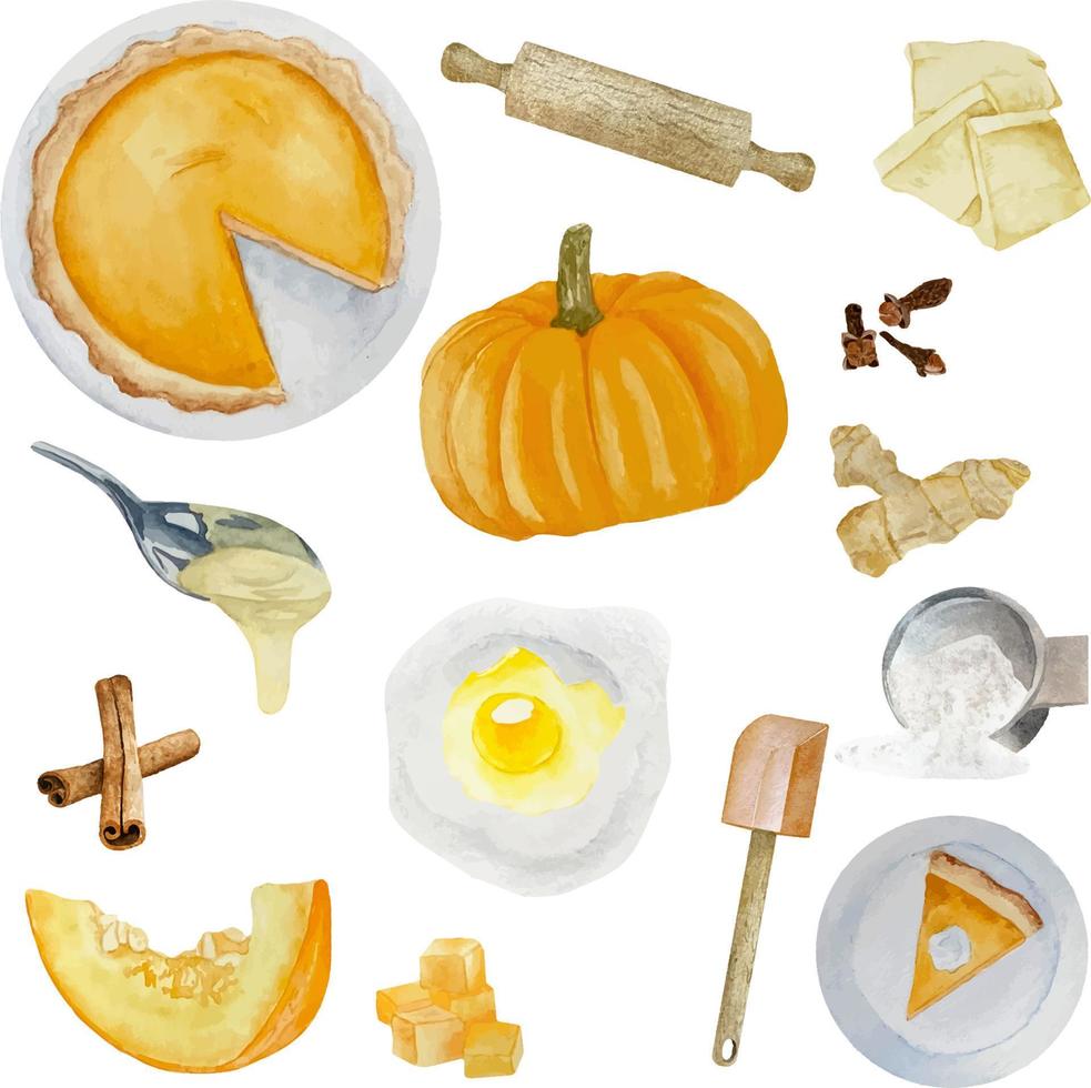 Watercolor pumpkin pie ingredients. thanksgiving orange dessert, vector