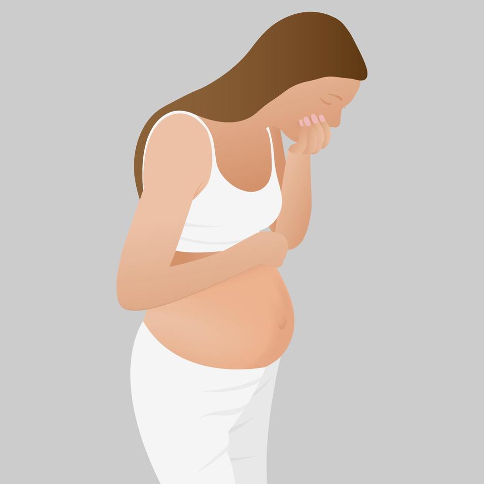 Pregnant woman suffering with nausea in morning. Morning sickness. expectant woman feeling nauseous, covering mouth vector