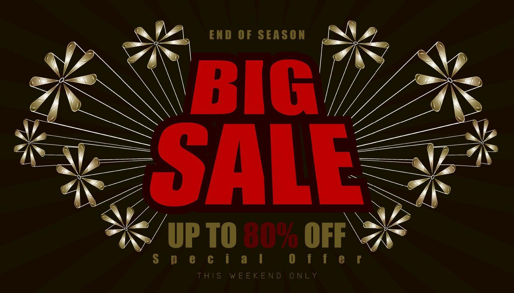 big sale up to 80percent end of year special offer. vintage retro element firework explode from center and 3d character alphabet. vector illustration eps10