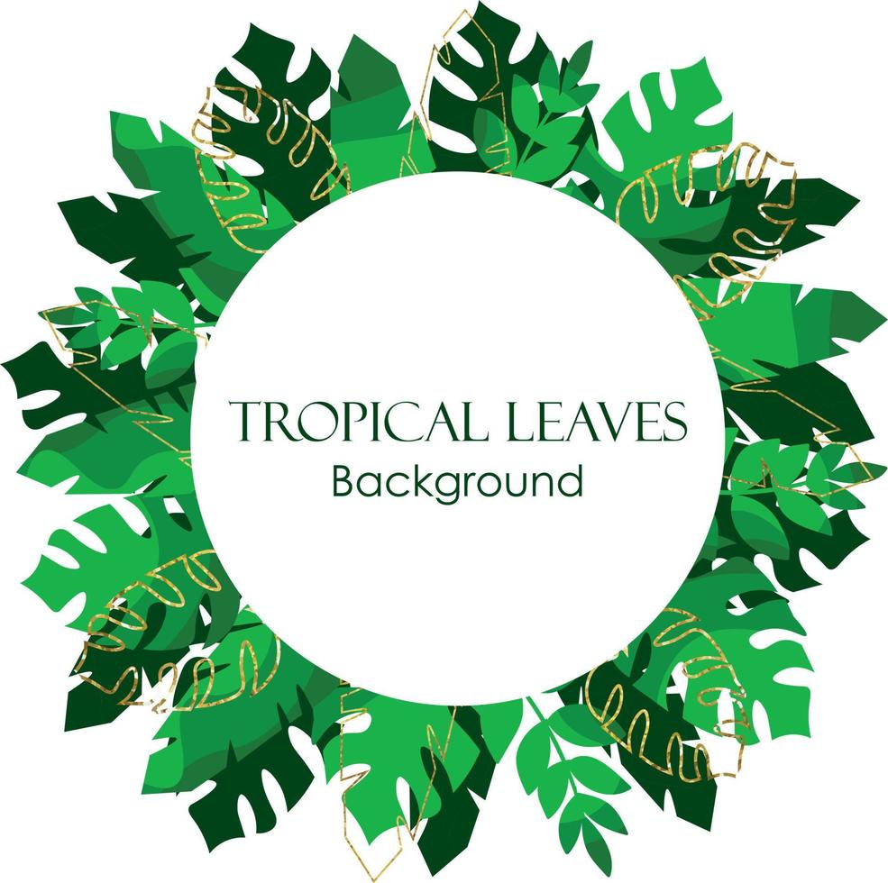 tropical decorado con lineas doradas y fondo blanco. fondo con hojas de palma, hojas de plátano y monstera. decoración de marco de hojas tropicales de patrón desvergonzado. isla tropical icónica de verano vector