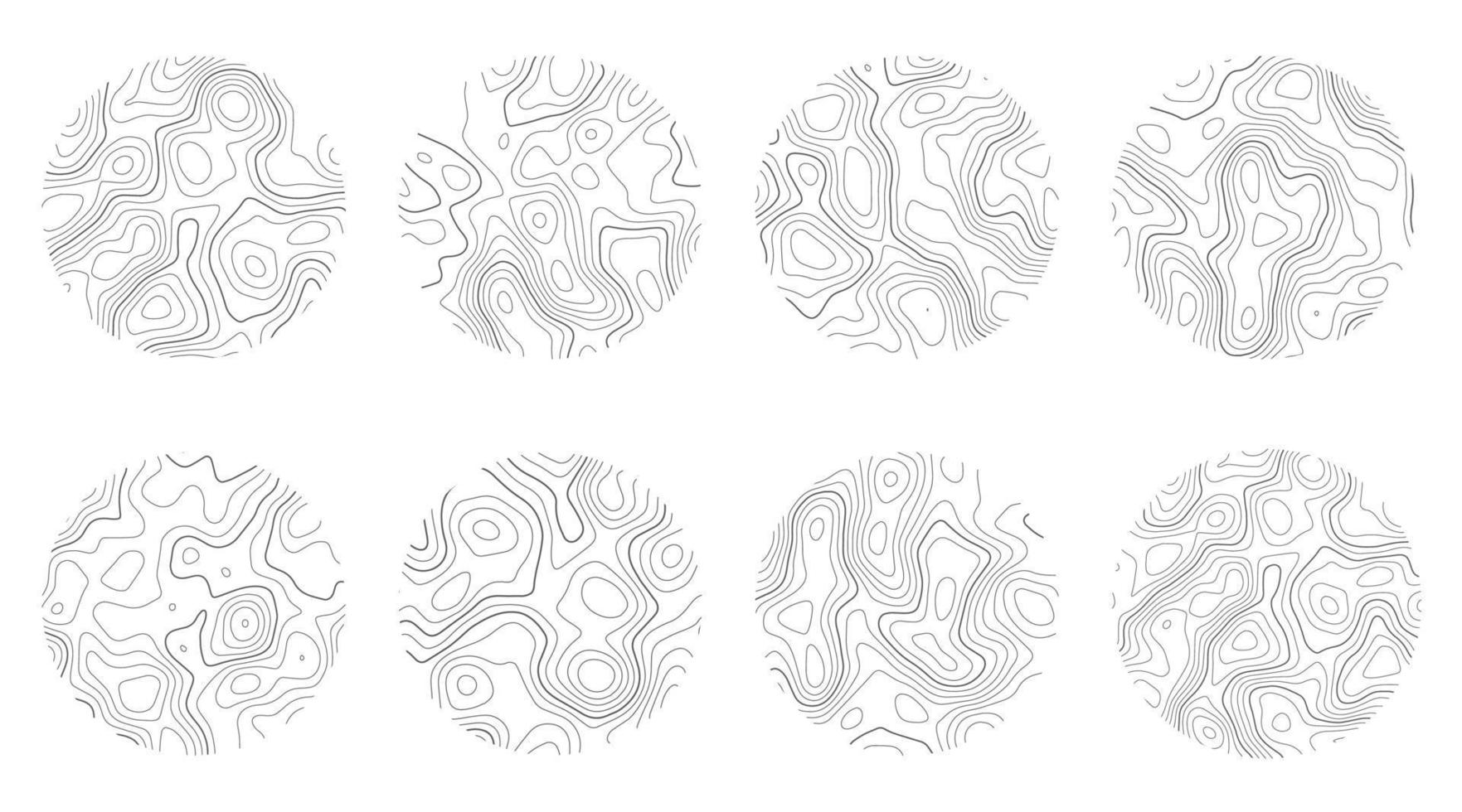 Wood texture with topography lines. Organic ripple wavy patterns. Tree rings set. Vector doodle illustration.