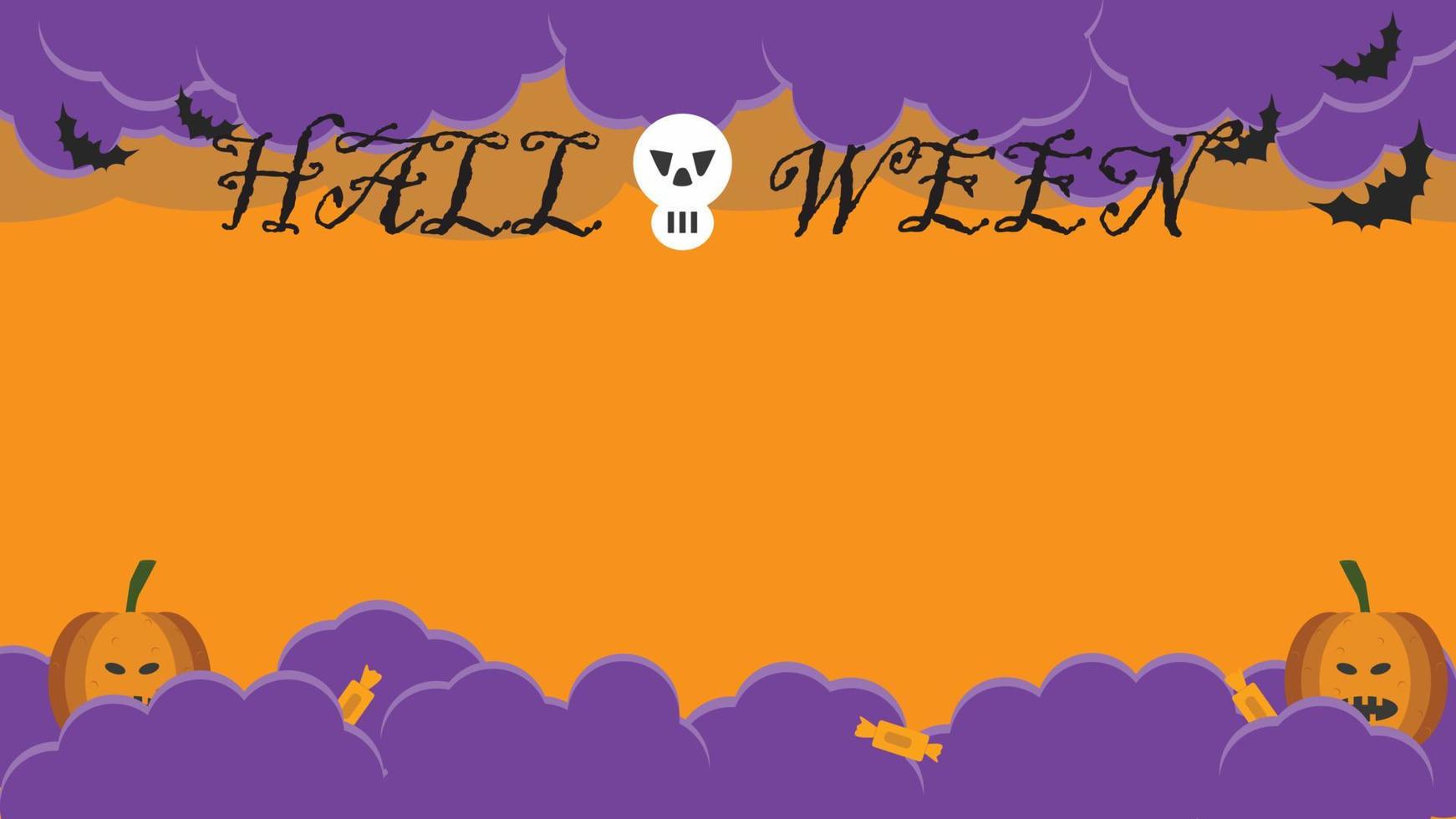 feliz plantilla de fiesta de halloween con nubes nocturnas y calabazas en estilo de corte de papel. ilustración vectorial murciélagos voladores, dulces y calaveras. lugar para el texto. antecedentes vector