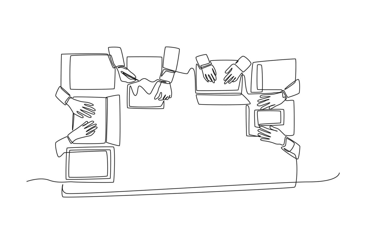 One continuous line drawing of coworkers and business team working together at the office desk from top view. Coworking concept. Single line draw design vector graphic illustration.