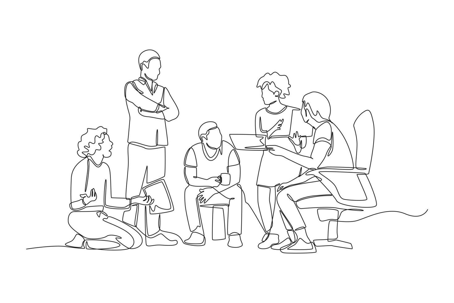 One continuous line drawing of creative team having a discussion for a design project. Coworking concept. Single line draw design vector graphic illustration.