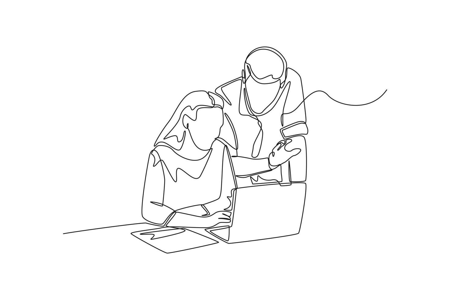 One continuous line drawing of young male and female doing work and discussion for project with laptop. Coworking concept. Single line draw design vector graphic illustration.