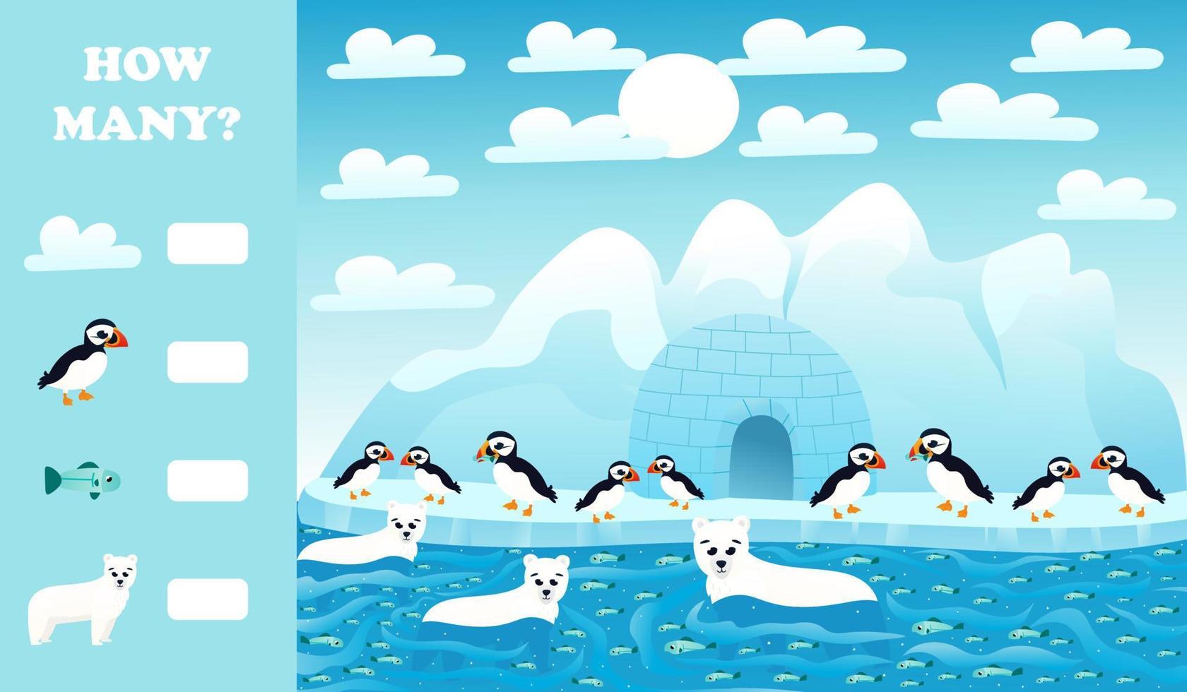 Printable educational worksheet for kids with how many puzzle, arctic animals wildlife with polar bears, puffins vector