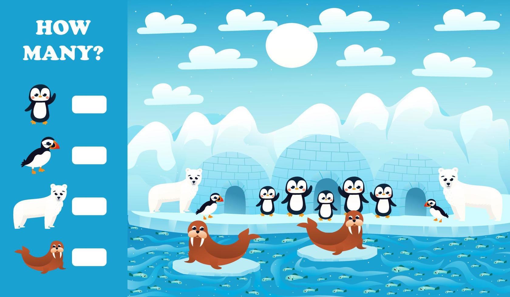 Printable educational worksheet for kids with how many puzzle, arctic animals wildlife with polar bears, penguins vector